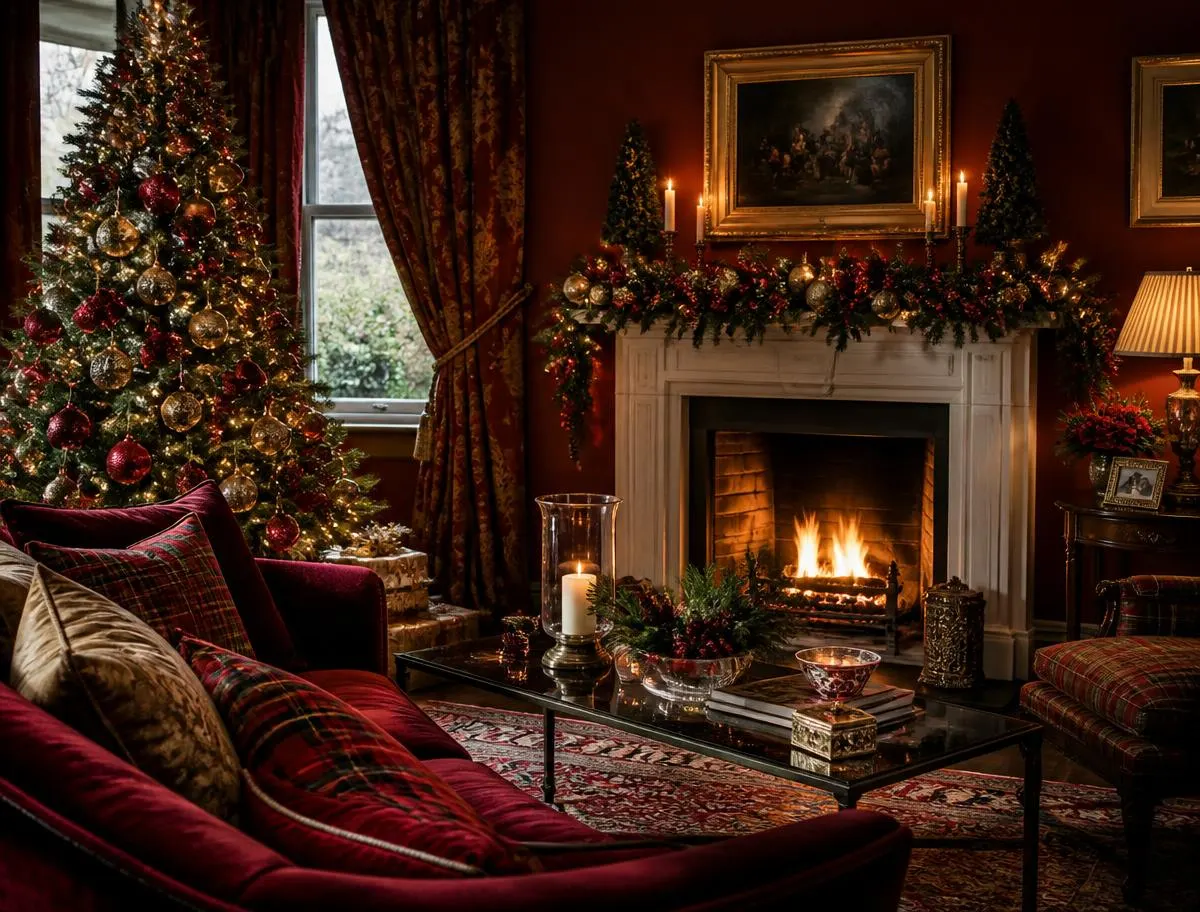 A deep red velvet sitting room