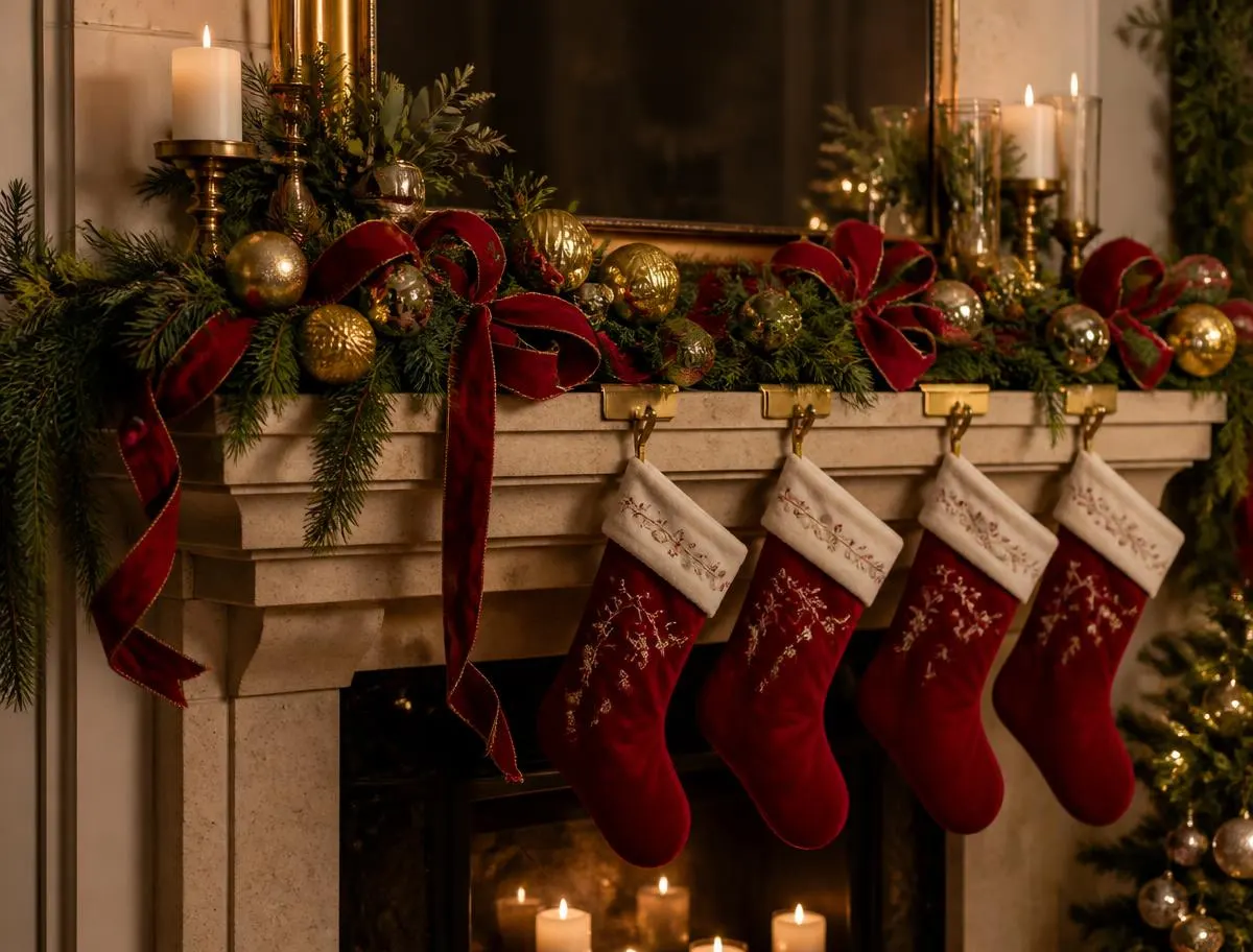 Garlanded mantel with velvet bows