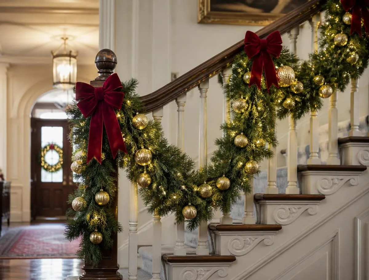 Garlanded staircase with red bows