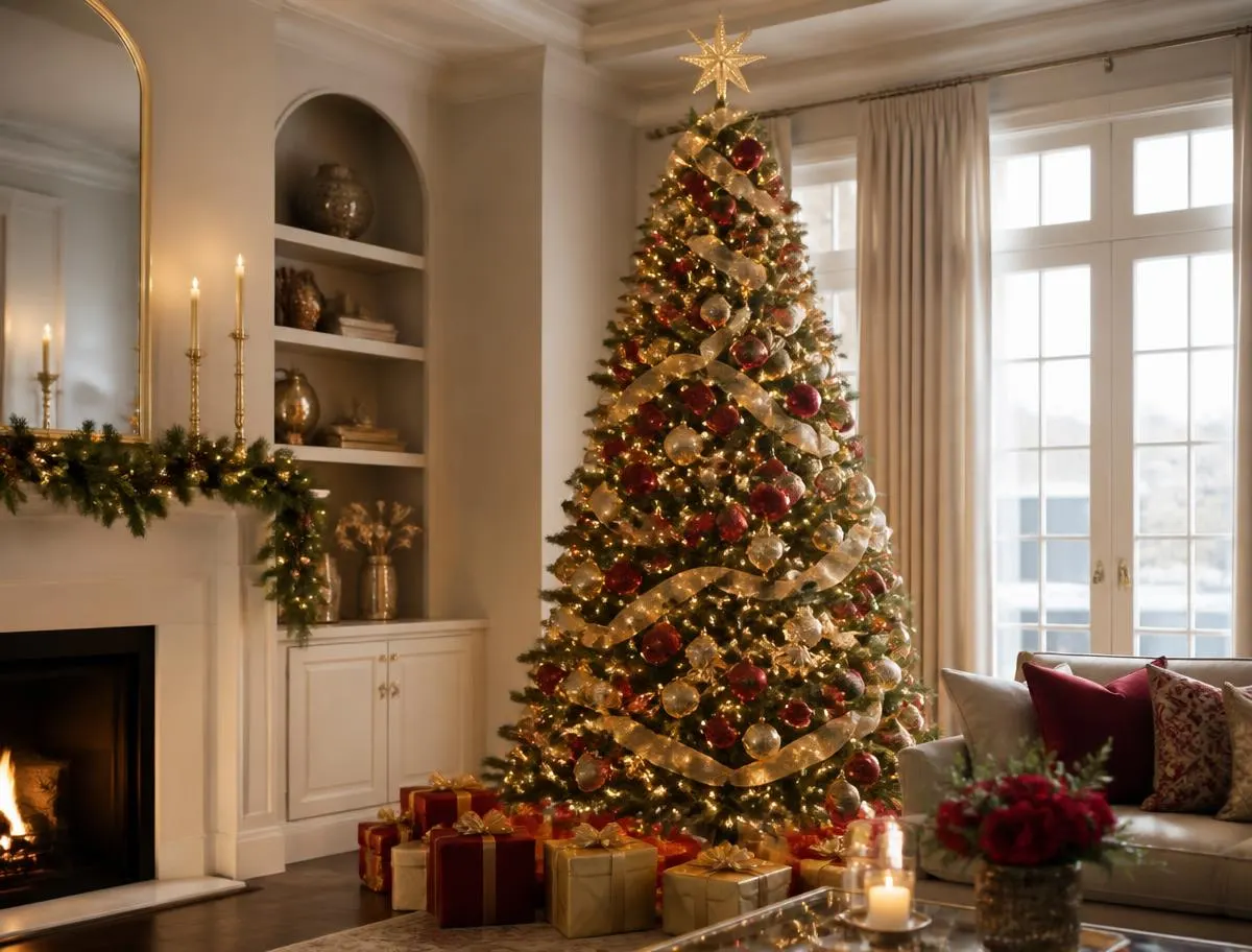 Red and gold tree with cascading ribbon